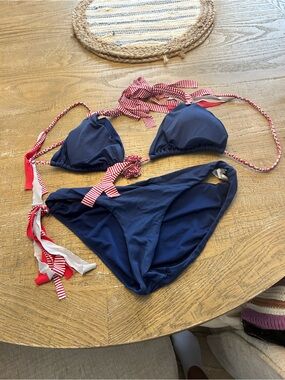 Navy Blue Triangle Bikini with Red & White Striped Ties